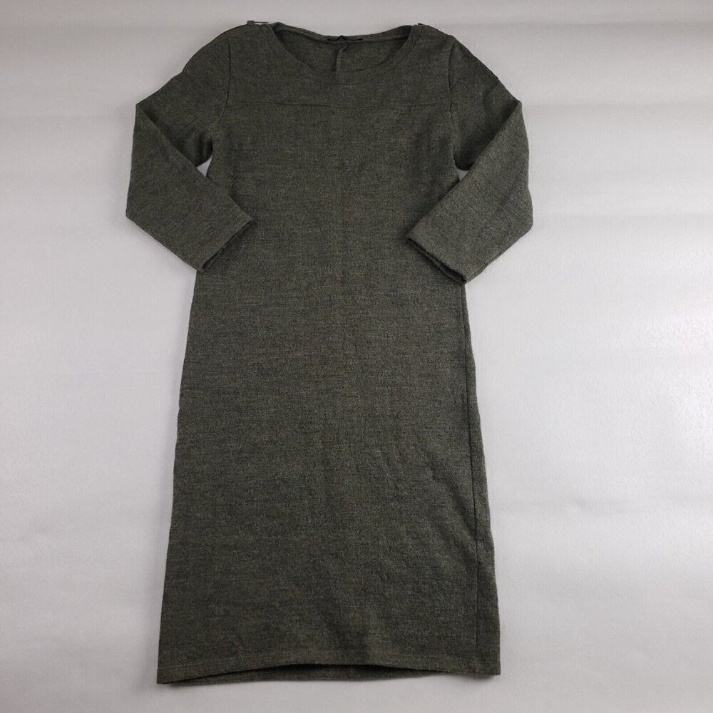 Maje 100% Wool Sweater Dress Womens 2 Green 3/4 Sleeve Midi Shoulder Zipper